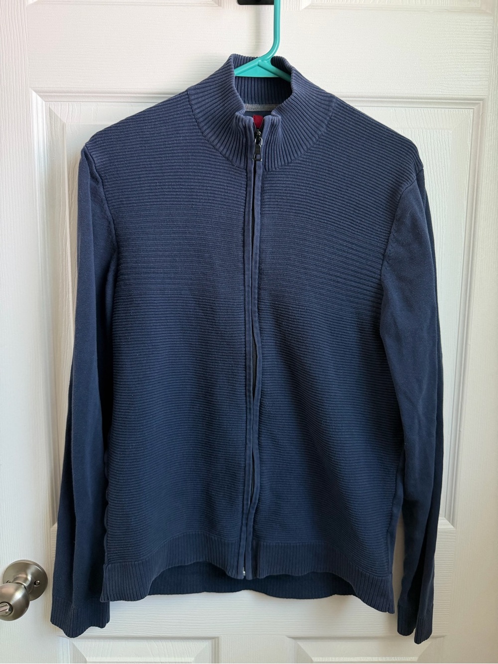 Alfani Blue Cotton Knit Full Zip Mock Neck Sweater Long Sleeve Size M